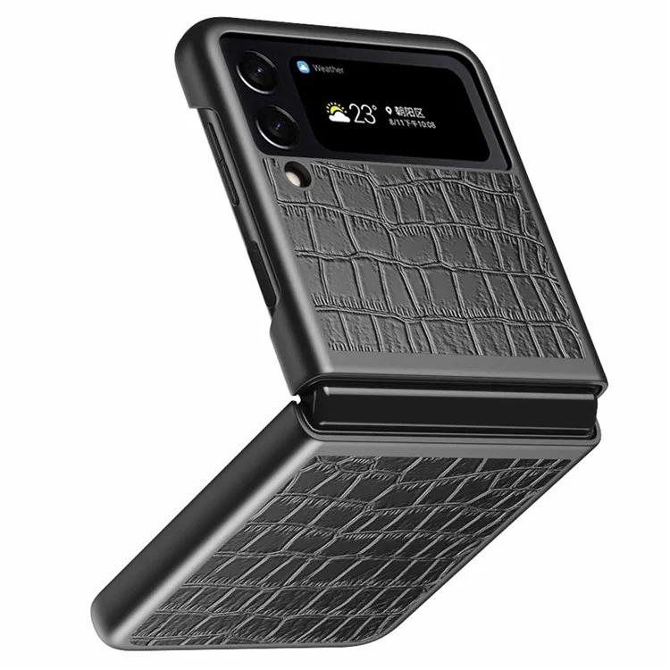 Para Samsung Galaxy Z Flip4 5G Case de Teléfono Antideslizante Texturo Crocodile PU Cubierta Trasera de Cuero Recubierta de Cuero - Negro