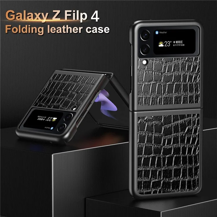Para Samsung Galaxy Z Flip4 5G Case de Teléfono Antideslizante Texturo Crocodile PU Cubierta Trasera de Cuero Recubierta de Cuero - Negro