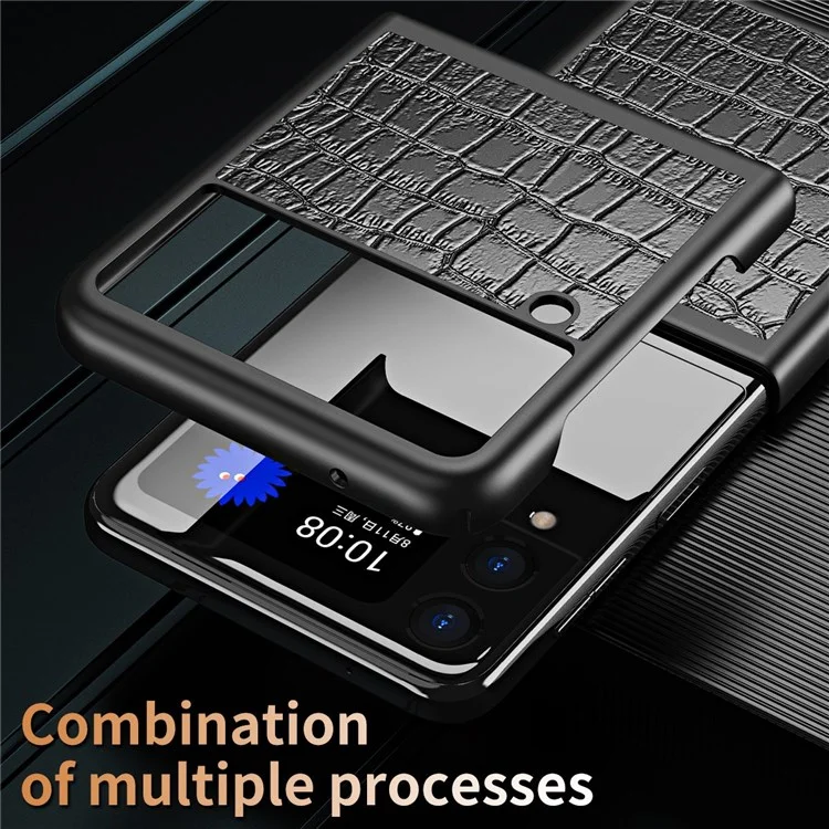 Para Samsung Galaxy Z Flip4 5G Case de Teléfono Antideslizante Texturo Crocodile PU Cubierta Trasera de Cuero Recubierta de Cuero - Negro