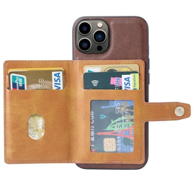 Para Iphone 14 Pro Máximo de 6,7 Polegadas de Couro PU Revestido de Tpu Kickstand Slots de Slots de Capa de Galho Magnético Tampa à Prova de Choque - Castanho