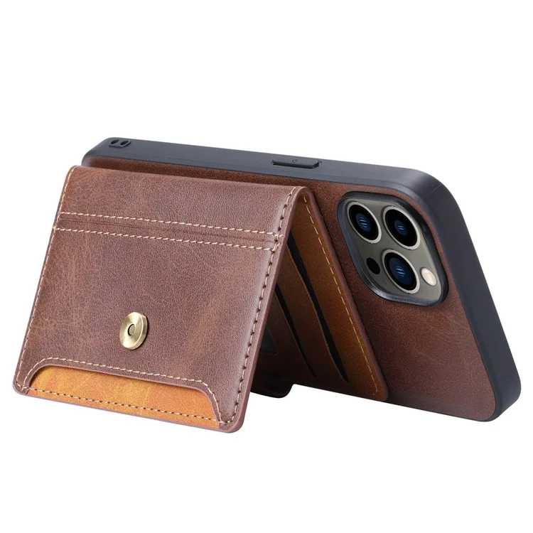 Para Iphone 14 Pro Máximo de 6,7 Polegadas de Couro PU Revestido de Tpu Kickstand Slots de Slots de Capa de Galho Magnético Tampa à Prova de Choque - Castanho