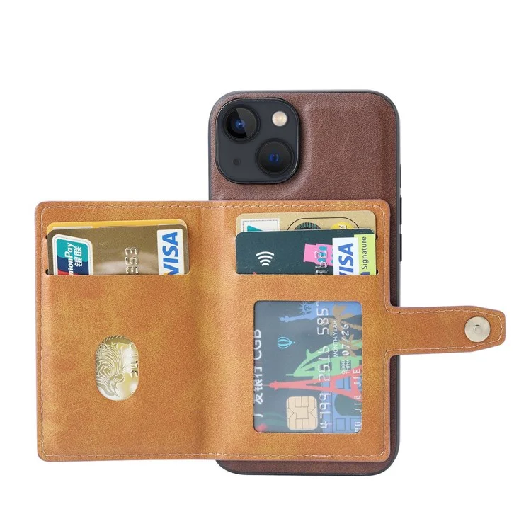 PU Leather Coated TPU Case for iPhone 14 6.1 inch, Kickstand Function Card Slot Design Anti-wear Protective Cover - Brown