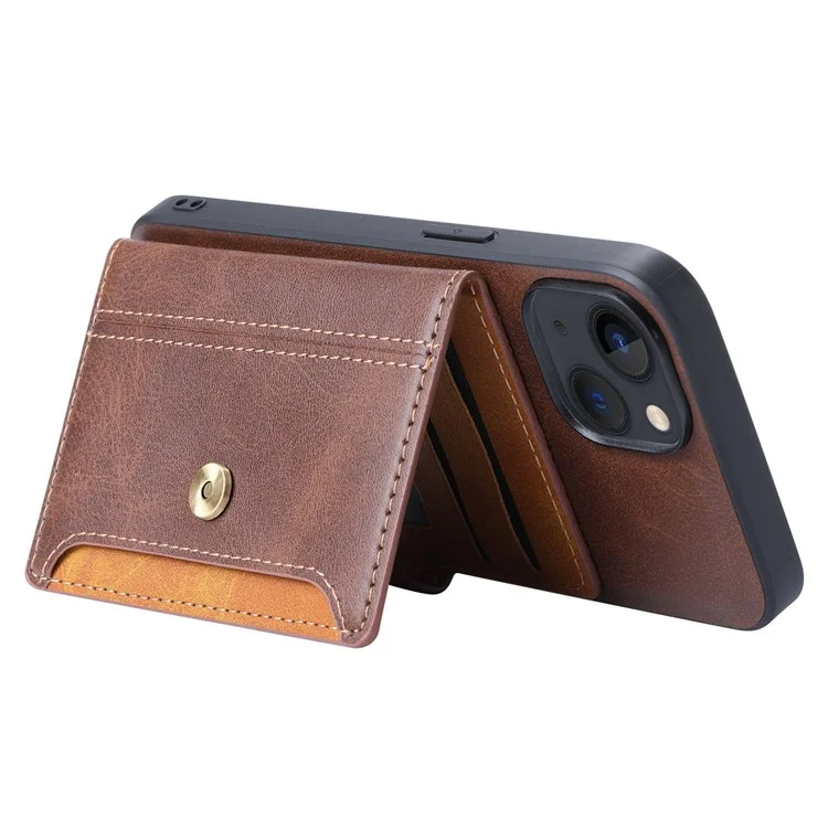 PU Leather Coated TPU Case for iPhone 14 6.1 inch, Kickstand Function Card Slot Design Anti-wear Protective Cover - Brown