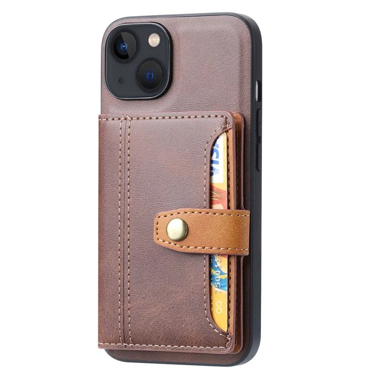 PU Leather Coated TPU Case for iPhone 14 6.1 inch, Kickstand Function Card Slot Design Anti-wear Protective Cover - Brown