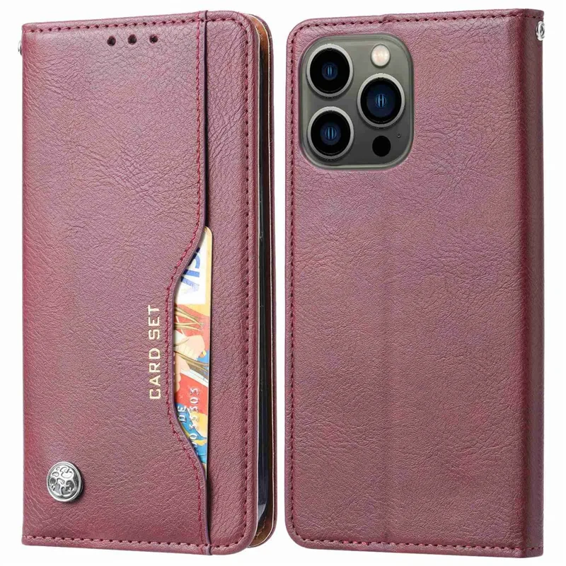 For iPhone 14 Pro 6.1 inch Wear-resistant Magnetic Auto-absorbed Leather Stand Wallet Well-protected Phone Case - Wine Red