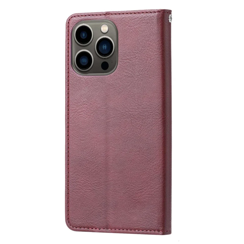 For iPhone 14 Pro 6.1 inch Wear-resistant Magnetic Auto-absorbed Leather Stand Wallet Well-protected Phone Case - Wine Red