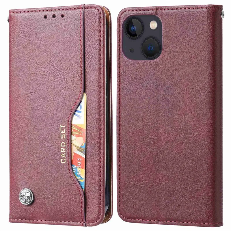 Para Iphone 14 de 6,1 Polegadas à Prova de Choque à Prova de Choques-arranhões Magnéticos, Absorvido, Capa de Celular da Carteira de Couro - Vinho Vermelho