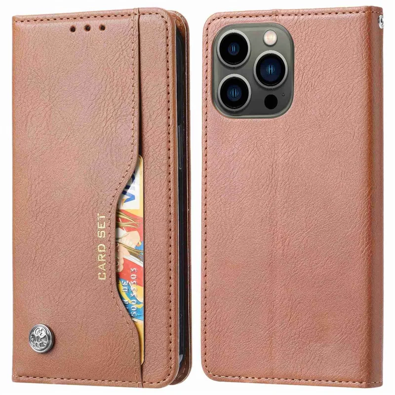 For iPhone 14 Pro Max 6.7 inch Magnetic Auto-absorbed Leather Phone Cover Stand Wallet All-around Protection Shell - Brown