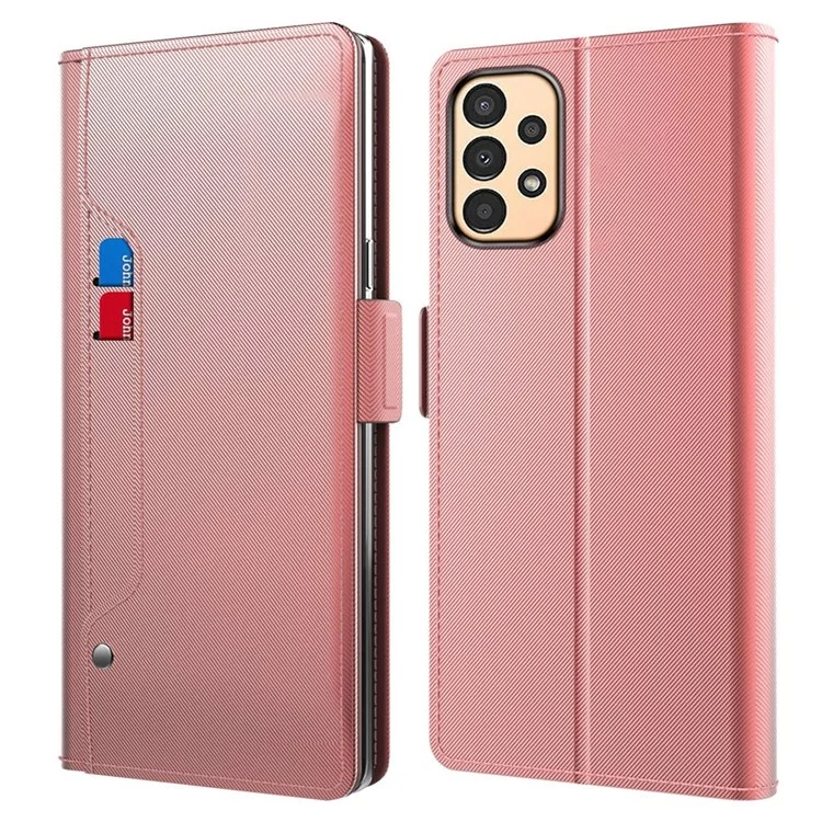 Para Samsung Galaxy A13 4G Makeup Mirror PU Leather Case Card Holder Slot Magnetic Closure Flip Cover - Rose Gold