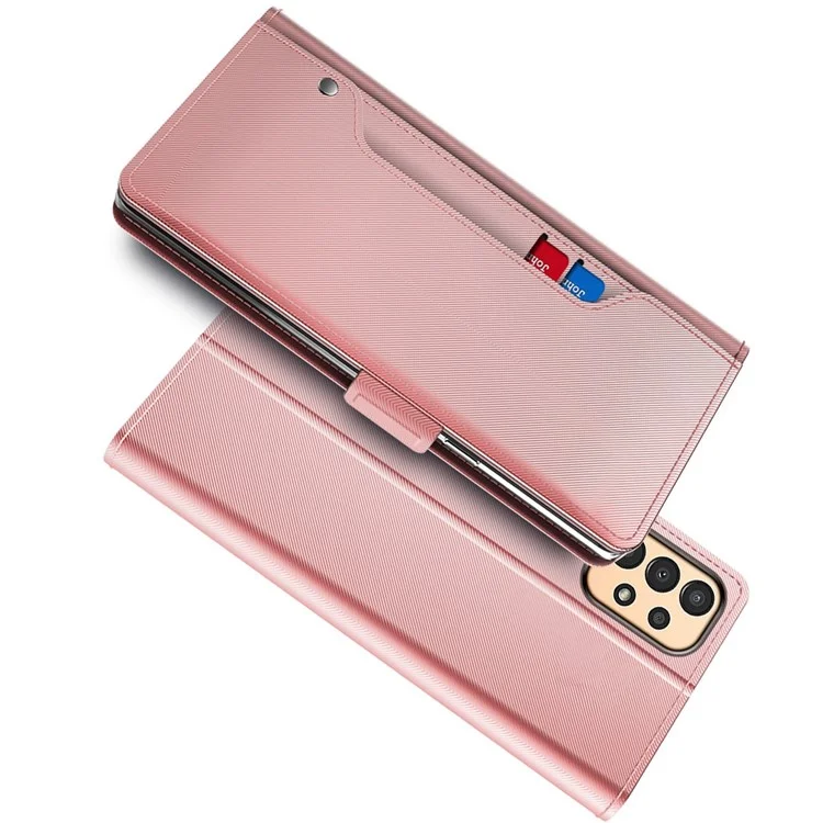 Para Samsung Galaxy A13 4G Makeup Mirror PU Leather Case Card Holder Slot Magnetic Closure Flip Cover - Rose Gold