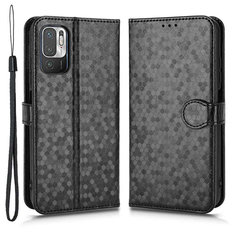 For Xiaomi Redmi Note 10T 5G / Redmi Note 10 5G / Poco M3 Pro 4G / 5G Anti-fingerprint Imprinted Dot Pattern PU Leather Phone Case Wallet Stand Flip Lightweight Cell Phone Cover with Strap - Black