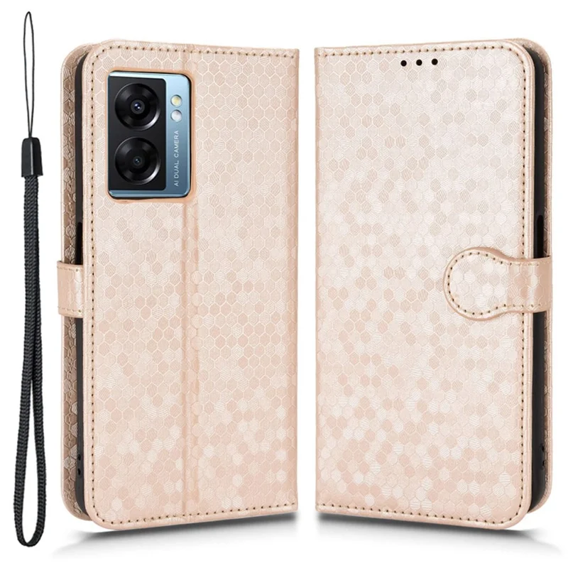 For Realme Narzo 50 5G / V23 5G / Oppo A57 (2022) 5G / A77 5G / OnePlus Nord N300 5G Cell Phone Shell Bag Imprinted Dot Pattern PU Leather Wallet Stand Folio Phone Case - Rose Gold