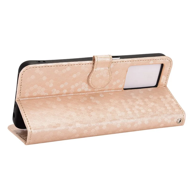 For Realme Narzo 50 5G / V23 5G / Oppo A57 (2022) 5G / A77 5G / OnePlus Nord N300 5G Cell Phone Shell Bag Imprinted Dot Pattern PU Leather Wallet Stand Folio Phone Case - Rose Gold