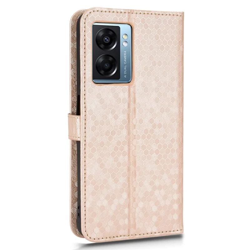 For Realme Narzo 50 5G / V23 5G / Oppo A57 (2022) 5G / A77 5G / OnePlus Nord N300 5G Cell Phone Shell Bag Imprinted Dot Pattern PU Leather Wallet Stand Folio Phone Case - Rose Gold