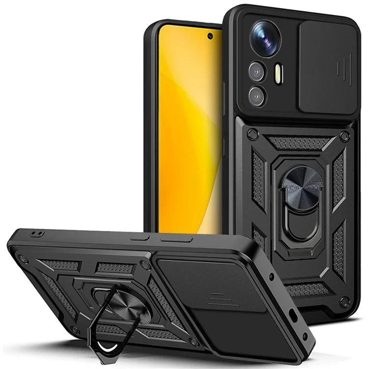 For Xiaomi 12 Lite 5G Slide Camera Protection Phone Case Kickstand PC + TPU Hybrid Mobile Phone Cover - Black