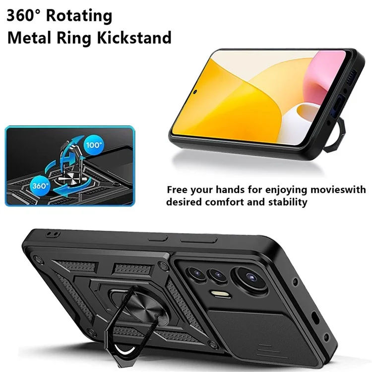 For Xiaomi 12 Lite 5G Slide Camera Protection Phone Case Kickstand PC + TPU Hybrid Mobile Phone Cover - Black