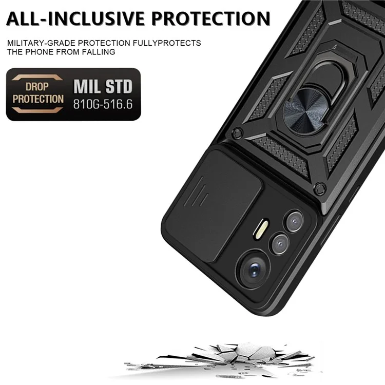 For Xiaomi 12 Lite 5G Slide Camera Protection Phone Case Kickstand PC + TPU Hybrid Mobile Phone Cover - Black