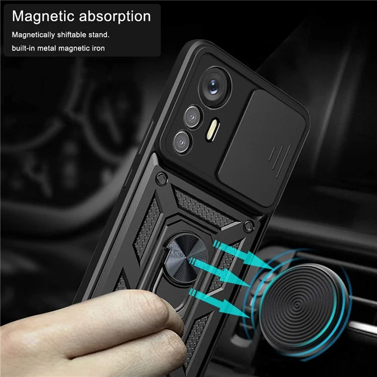 For Xiaomi 12 Lite 5G Slide Camera Protection Phone Case Kickstand PC + TPU Hybrid Mobile Phone Cover - Black