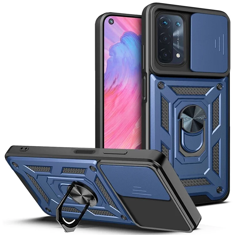 Für Oppo A74 5G Multifunktionskickstand PC + TPU Hybridabdeckung Folie Kameraschutz Telefonhülle - Blau