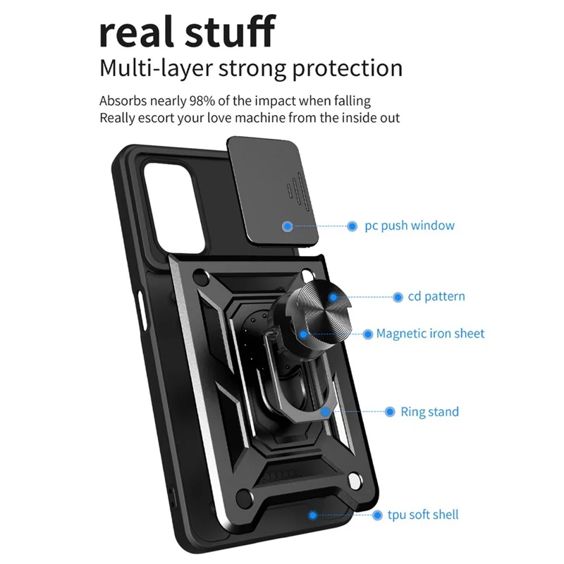 For Oppo A74 5G Multifunction Kickstand PC + TPU Hybrid Cover Slide Camera Protection Phone Case - Gold