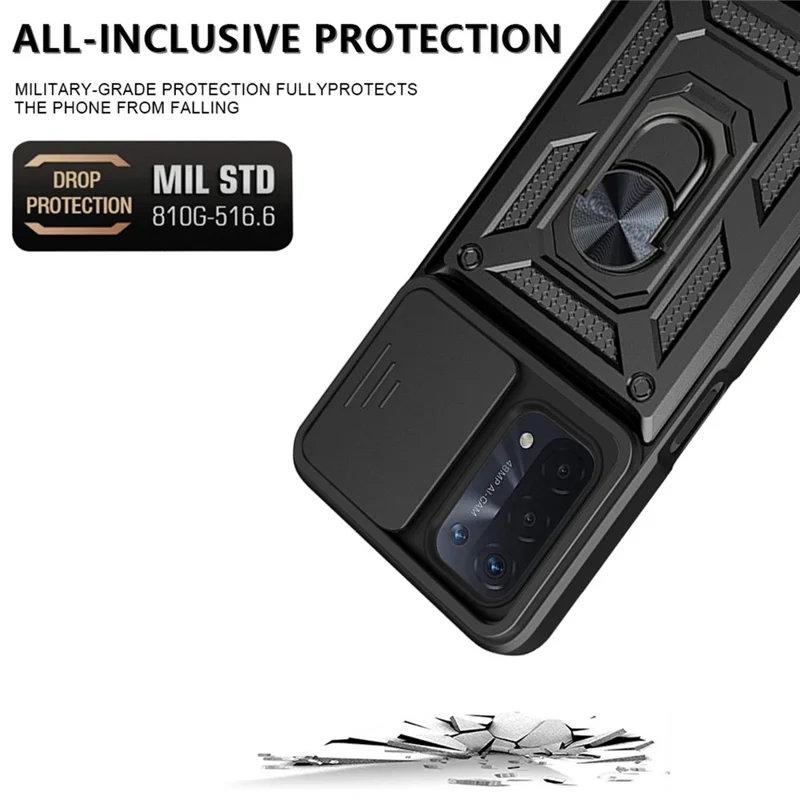 For Oppo A74 5G Multifunction Kickstand PC + TPU Hybrid Cover Slide Camera Protection Phone Case - Gold