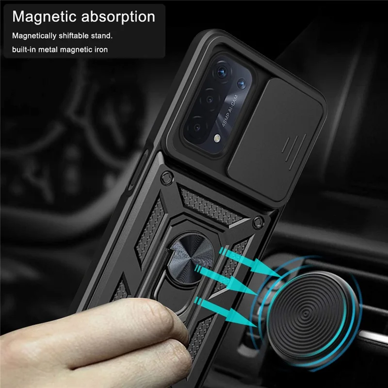For Oppo A74 5G Multifunction Kickstand PC + TPU Hybrid Cover Slide Camera Protection Phone Case - Gold
