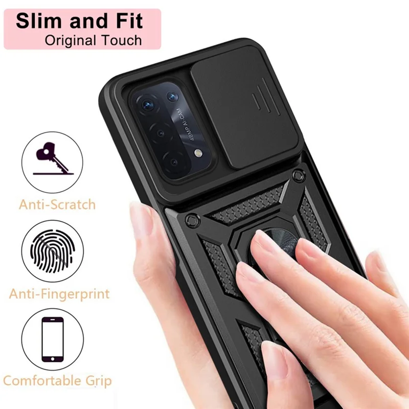 For Oppo A74 5G Multifunction Kickstand PC + TPU Hybrid Cover Slide Camera Protection Phone Case - Gold