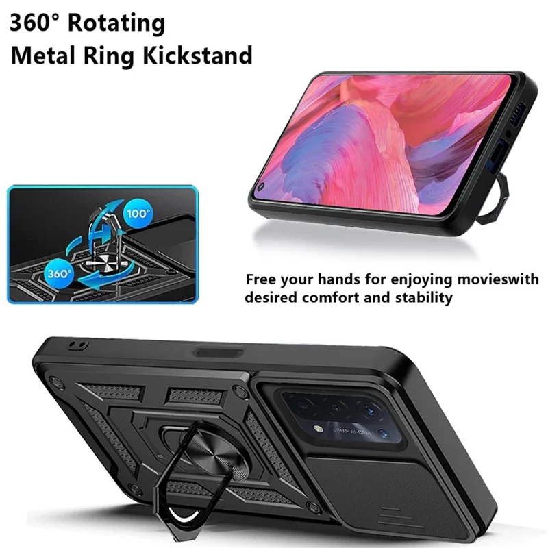 For Oppo A74 5G Multifunction Kickstand PC + TPU Hybrid Cover Slide Camera Protection Phone Case - Red