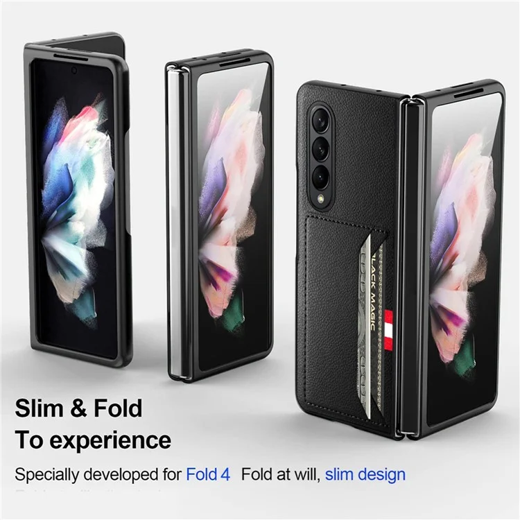 For Samsung Galaxy Z Fold4 5G Drop-proof Litchi Texture Phone Protective Case Back Cover with Card Slot and Tempered Glass Film - Black