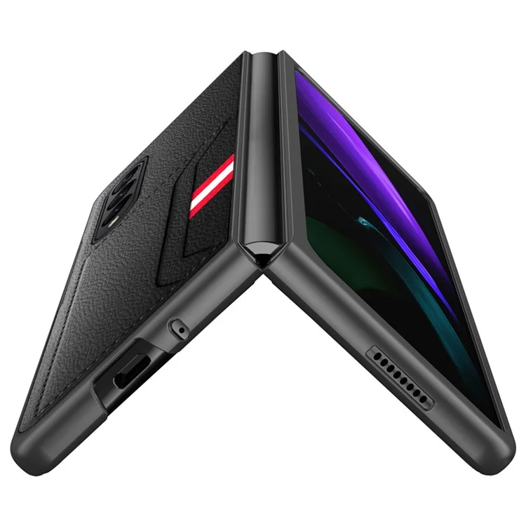 For Samsung Galaxy Z Fold4 5G Drop-proof Litchi Texture Phone Protective Case Back Cover with Card Slot and Tempered Glass Film - Black