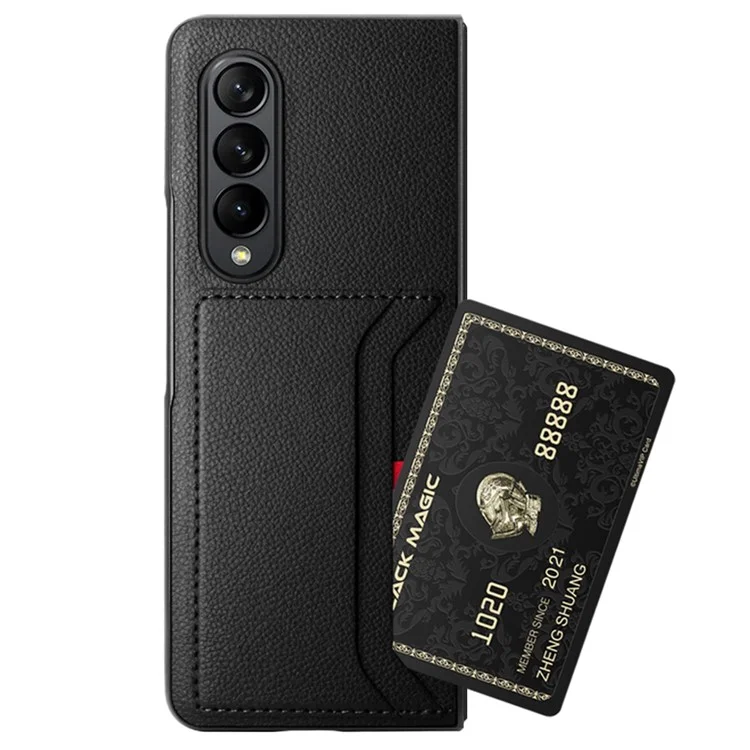 For Samsung Galaxy Z Fold4 5G Drop-proof Litchi Texture Phone Protective Case Back Cover with Card Slot and Tempered Glass Film - Black