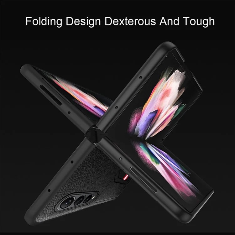 For Samsung Galaxy Z Fold4 5G Drop-proof Litchi Texture Phone Protective Case Back Cover with Card Slot and Tempered Glass Film - Black