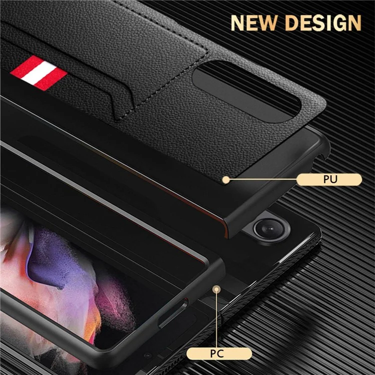 For Samsung Galaxy Z Fold4 5G Drop-proof Litchi Texture Phone Protective Case Back Cover with Card Slot and Tempered Glass Film - Black