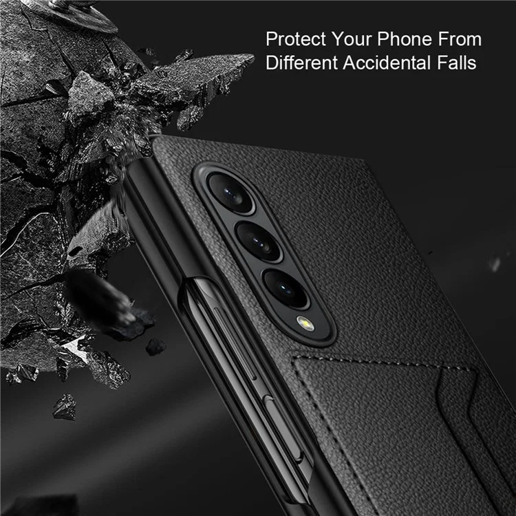 For Samsung Galaxy Z Fold4 5G Drop-proof Litchi Texture Phone Protective Case Back Cover with Card Slot and Tempered Glass Film - Black