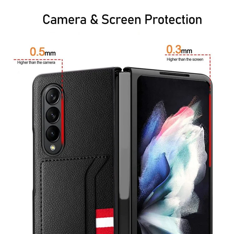 For Samsung Galaxy Z Fold4 5G Drop-proof Litchi Texture Phone Protective Case Back Cover with Card Slot and Tempered Glass Film - Black