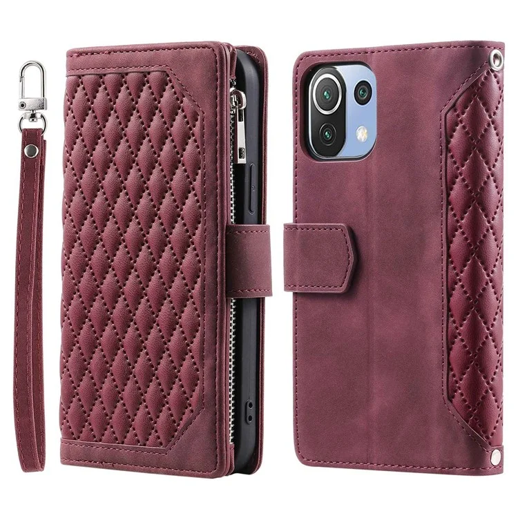 005 Style For Xiaomi Mi 11 Lite 4G / 5G / 5G NE, Rhombus Texture PU Leather Zipper Pocket Phone Case Shockproof Wallet Cover Viewing Stand with Strap - Wine Red