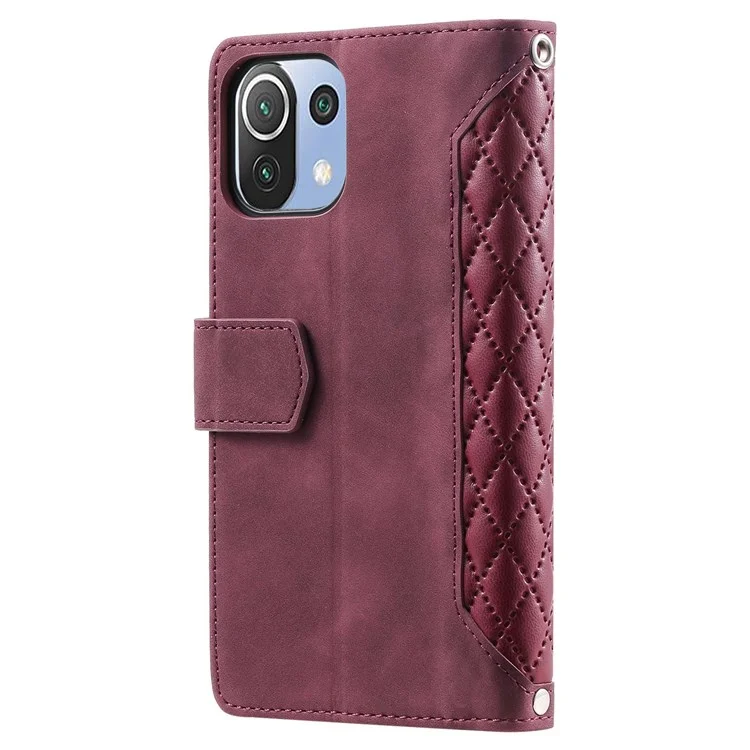 005 Style For Xiaomi Mi 11 Lite 4G / 5G / 5G NE, Rhombus Texture PU Leather Zipper Pocket Phone Case Shockproof Wallet Cover Viewing Stand with Strap - Wine Red