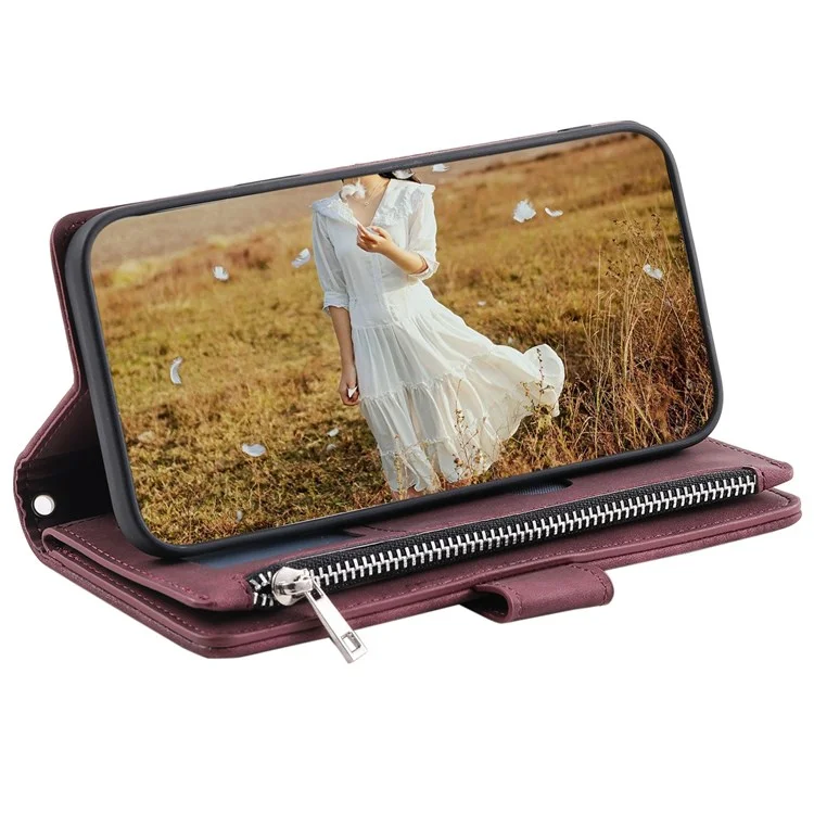 005 Style For Xiaomi Mi 11 Lite 4G / 5G / 5G NE, Rhombus Texture PU Leather Zipper Pocket Phone Case Shockproof Wallet Cover Viewing Stand with Strap - Wine Red