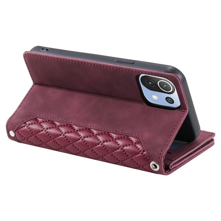 005 Style For Xiaomi Mi 11 Lite 4G / 5G / 5G NE, Rhombus Texture PU Leather Zipper Pocket Phone Case Shockproof Wallet Cover Viewing Stand with Strap - Wine Red