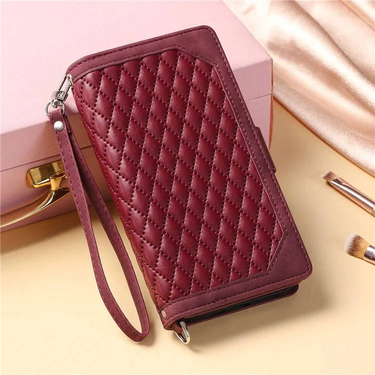 005 Style For Xiaomi Mi 11 Lite 4G / 5G / 5G NE, Rhombus Texture PU Leather Zipper Pocket Phone Case Shockproof Wallet Cover Viewing Stand with Strap - Wine Red