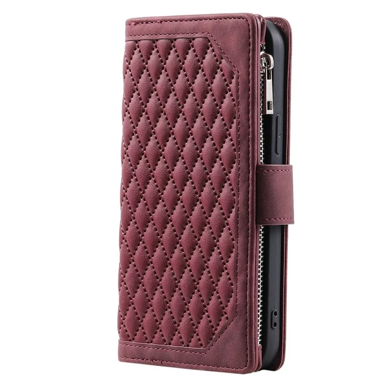 005 Style For Xiaomi Mi 11 Lite 4G / 5G / 5G NE, Rhombus Texture PU Leather Zipper Pocket Phone Case Shockproof Wallet Cover Viewing Stand with Strap - Wine Red
