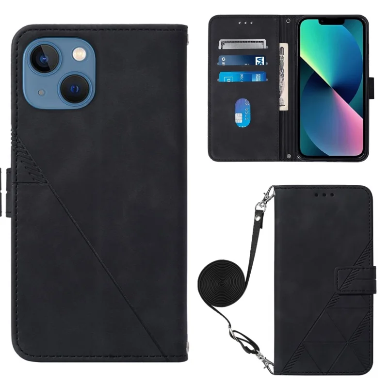 For iPhone 14 6.1 inch YB Imprinting Series-2 Business Style Imprinted Lines Case Wallet Stand PU Leather Phone Cover with Shoulder Strap - Black