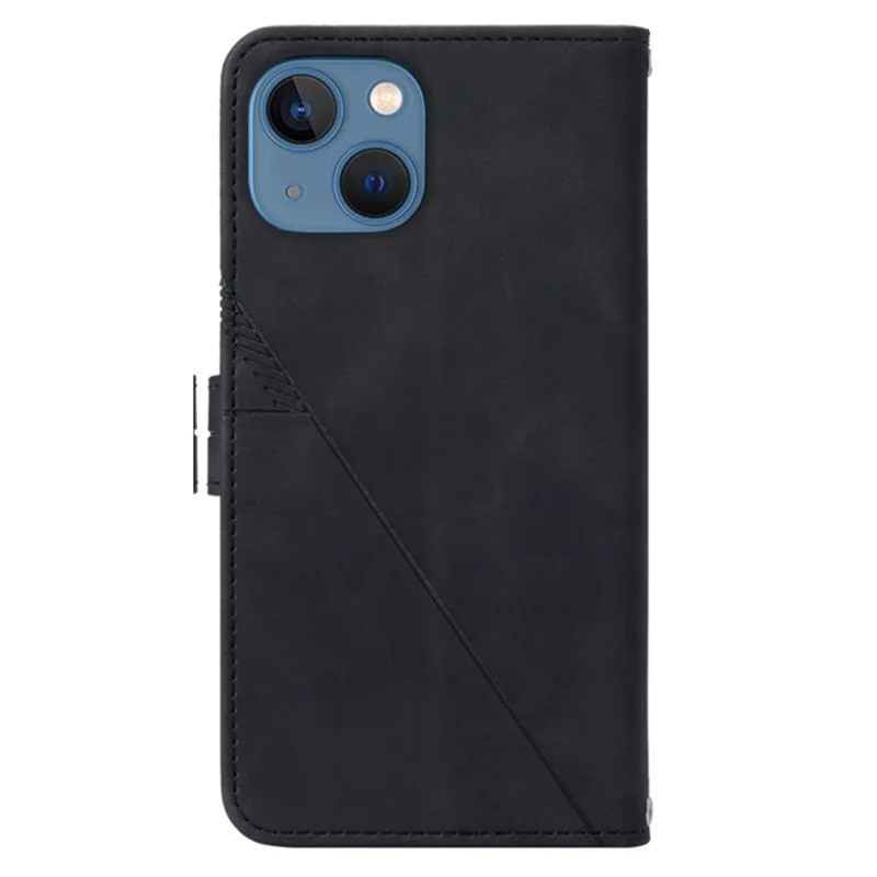 For iPhone 14 6.1 inch YB Imprinting Series-2 Business Style Imprinted Lines Case Wallet Stand PU Leather Phone Cover with Shoulder Strap - Black