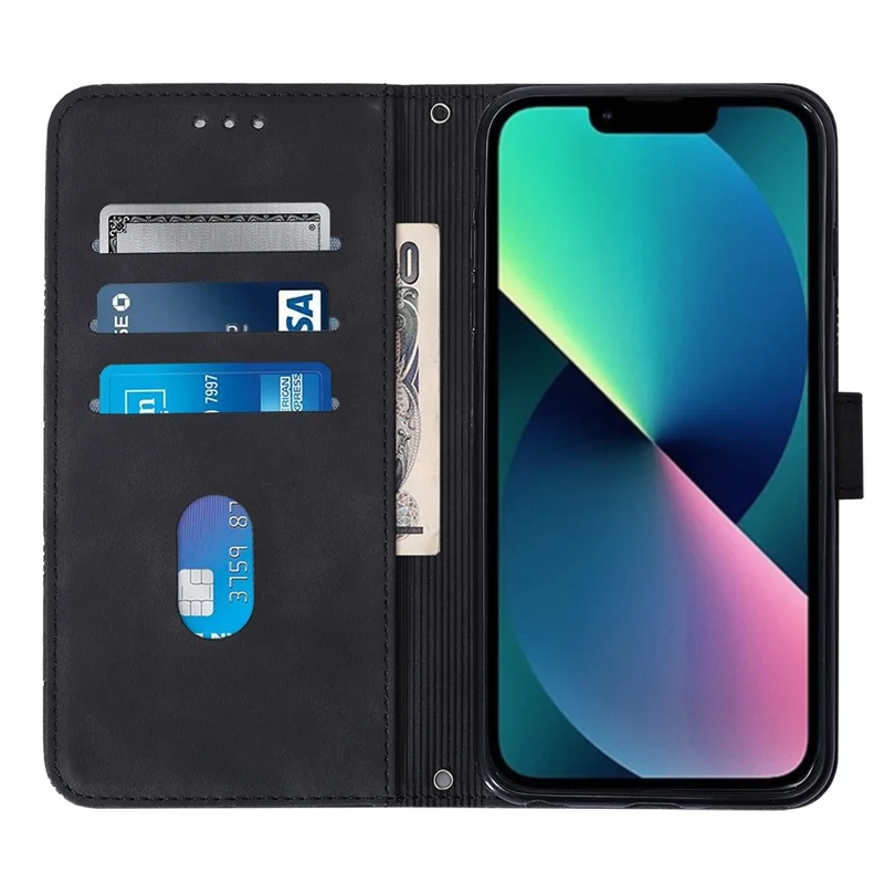 For iPhone 14 6.1 inch YB Imprinting Series-2 Business Style Imprinted Lines Case Wallet Stand PU Leather Phone Cover with Shoulder Strap - Black