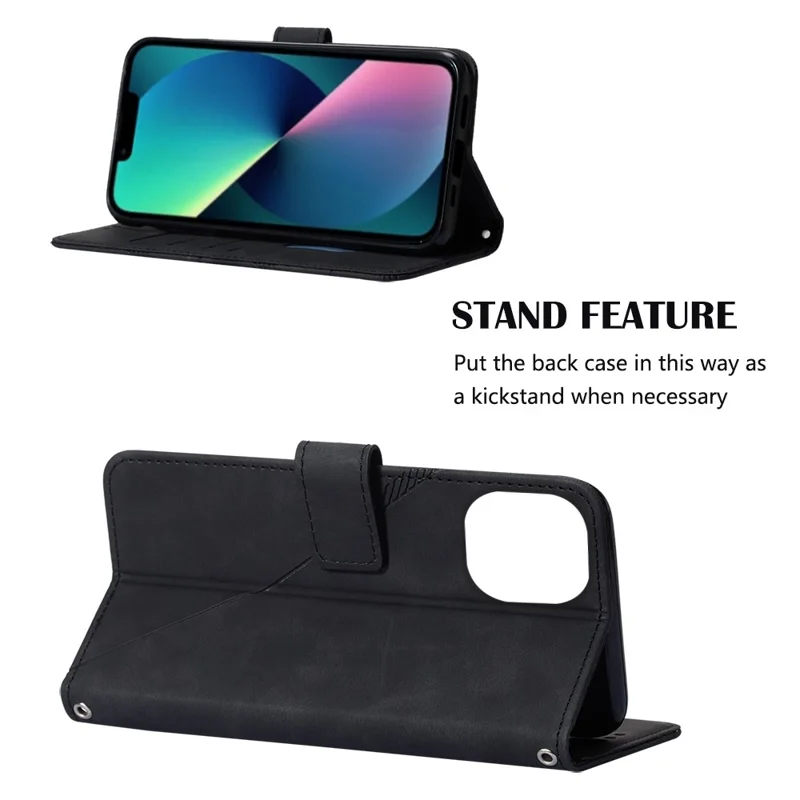 For iPhone 14 6.1 inch YB Imprinting Series-2 Business Style Imprinted Lines Case Wallet Stand PU Leather Phone Cover with Shoulder Strap - Black