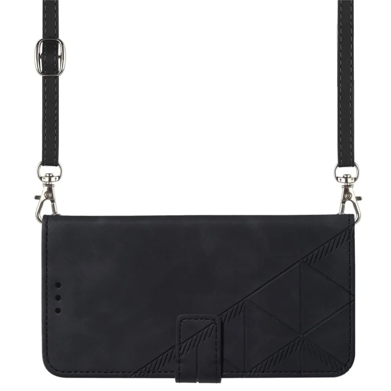 For iPhone 14 6.1 inch YB Imprinting Series-2 Business Style Imprinted Lines Case Wallet Stand PU Leather Phone Cover with Shoulder Strap - Black