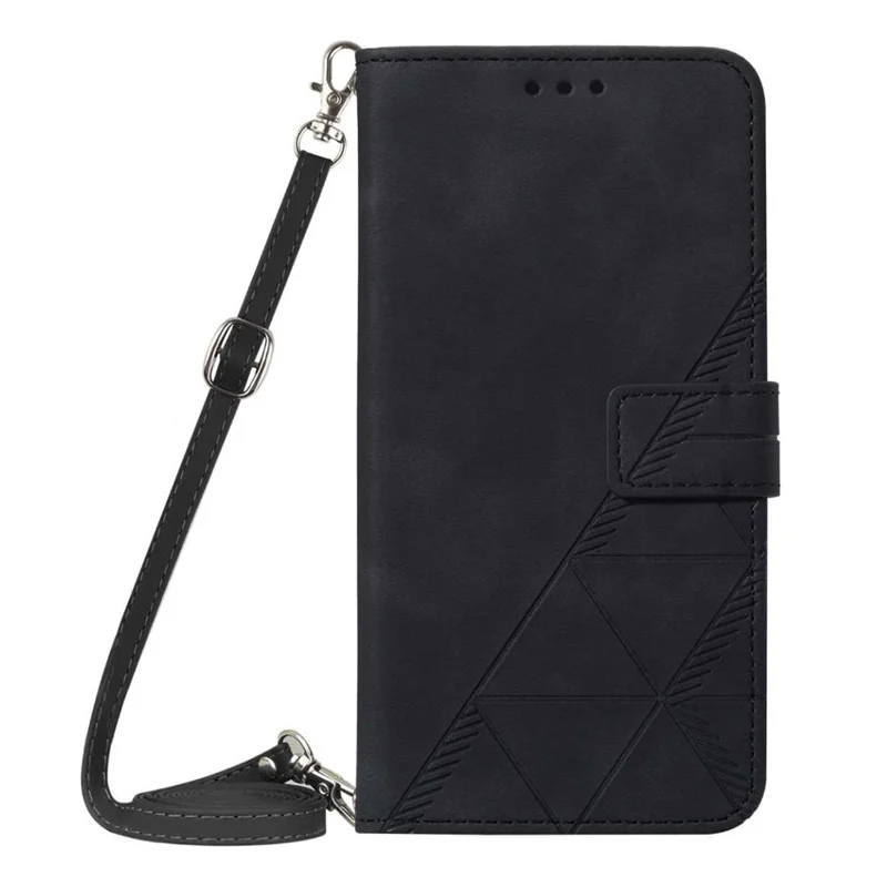 For iPhone 14 6.1 inch YB Imprinting Series-2 Business Style Imprinted Lines Case Wallet Stand PU Leather Phone Cover with Shoulder Strap - Black