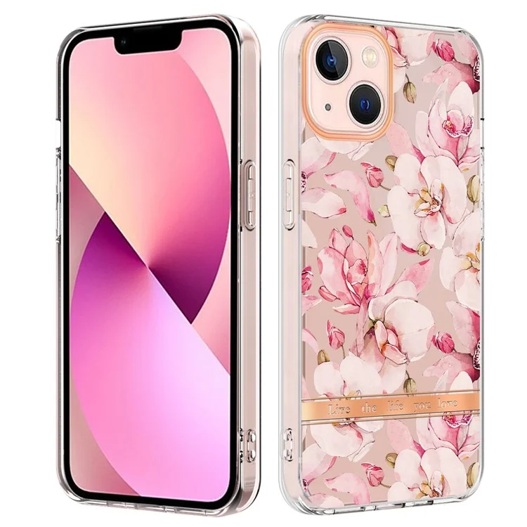 Para iPhone 14 6.1 polegadas YB IMD-8 Série Flor Floral Padrão Soft TPU Phone Case Desgaste-resistente Electroplating IMD Protetor - HC005 Rosa Gardênia