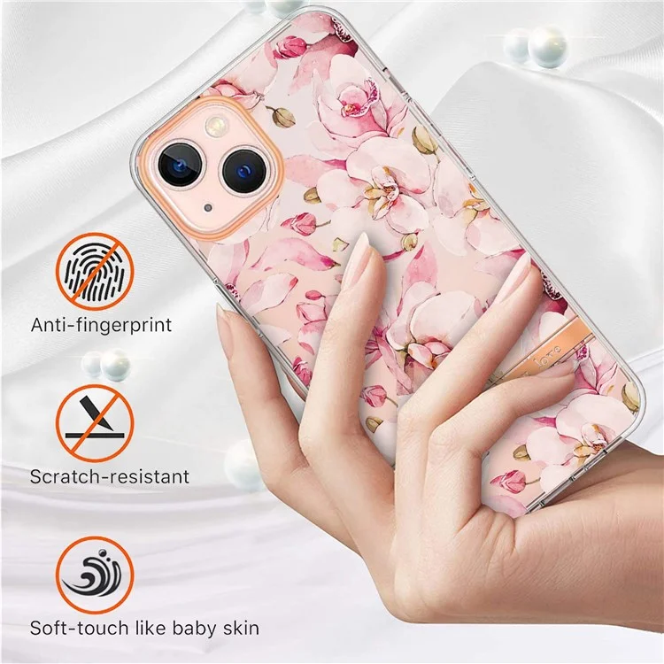 Para iPhone 14 6.1 polegadas YB IMD-8 Série Flor Floral Padrão Soft TPU Phone Case Desgaste-resistente Electroplating IMD Protetor - HC005 Rosa Gardênia