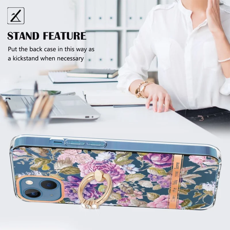 For iPhone 14 bagside med ringstativ Blomstermønster Elektropladering TPU-case - HC006 Lilla pioner